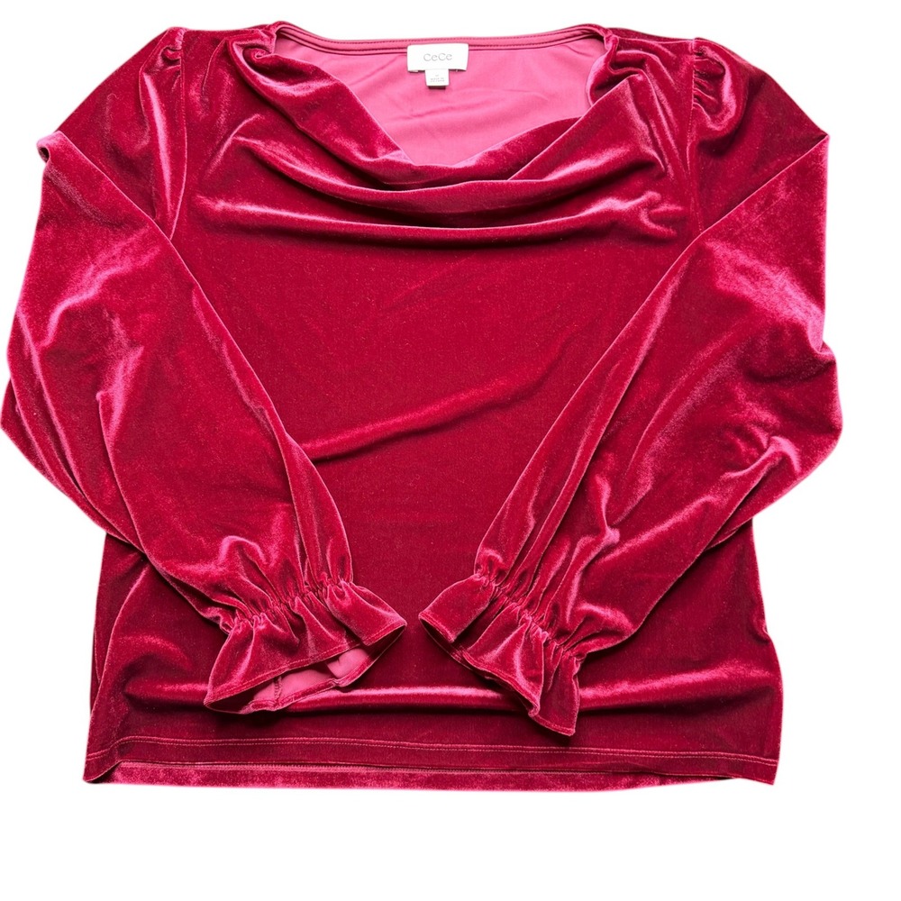 CeCe Velvet Top Womens Rhubarb Red Ruffle Cuff Cowl Neck Elegant Coquette M